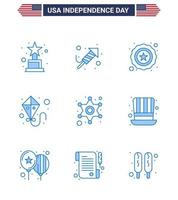 USA Happy Independence DayPictogram Set of 9 Simple Blues of day star star police flying Editable USA Day Vector Design Elements