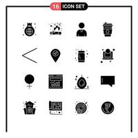 Pack of 16 Modern Solid Glyphs Signs and Symbols for Web Print Media such as map previous human left drink Editable Vector Design Elements