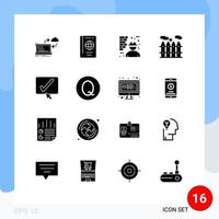 Modern Set of 16 Solid Glyphs Pictograph of approve heating tourist worker labour Editable Vector Design Elements