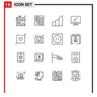 Pack of 16 Modern Outlines Signs and Symbols for Web Print Media such as pc device apartments monitor office blocks Editable Vector Design Elements