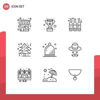 Mobile Interface Outline Set of 9 Pictograms of event tree ampule holidays christmas Editable Vector Design Elements