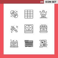 Editable Vector Line Pack of 9 Simple Outlines of shop stack water money cash Editable Vector Design Elements