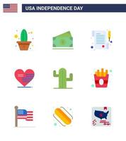 conjunto de 9 iconos del día de estados unidos símbolos americanos signos del día de la independencia para la bandera de papel de cactus abundante amor elementos de diseño vectorial editables del día de estados unidos vector