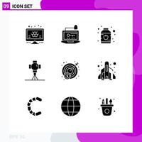 9 conjunto de glifos sólidos universales para aplicaciones web y móviles dinero película portátil cine ligero elementos de diseño vectorial editables vector