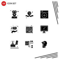 User Interface Pack of 9 Basic Solid Glyphs of seo support window hand email Editable Vector Design Elements