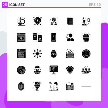 Set of 25 Commercial Solid Glyphs pack for development notepad creative work task check list Editable Vector Design Elements