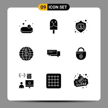 paquete de 9 signos y símbolos de glifos sólidos modernos para medios de impresión web, como el diseño de criptomonedas de chat, el futuro de la cadena de bloques de dinero, los elementos de diseño de vectores editables