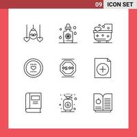 Pack of 9 Modern Outlines Signs and Symbols for Web Print Media such as rest romance bathroom love heart Editable Vector Design Elements