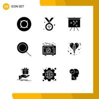 Pack of 9 Modern Solid Glyphs Signs and Symbols for Web Print Media such as balloon match management live broadcast Editable Vector Design Elements