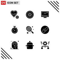 Set of 9 Modern UI Icons Symbols Signs for racket watch computer stopwatch pc Editable Vector Design Elements