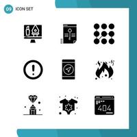 Vector Pack of 9 Glyph Symbols. Solid Style Icon Set on White Background for Web and Mobile.