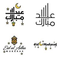 feliz eid mubarak ilustración de diseño vectorial de 4 mensajes decorativos escritos a mano sobre fondo blanco vector