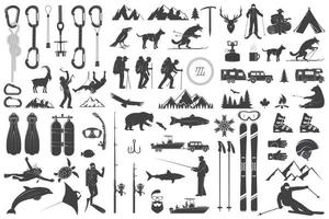 Mountaineering, hiking, climbing, fishing, skiing and other adventure icons. vector
