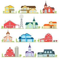 conjunto de casas americanas suburbanas de icono plano vectorial. vector