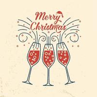 Merry Christmas retro template with Champagne glasses. vector