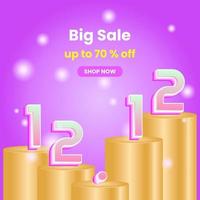12 12 sale promotion design template. with purple background and golden podium. modern, minimal and simple style. use for flyer, banner, promotion, advertising, web, social and ads vector