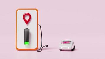 3d elektrisch auto opladen station toepassing met smartphone, pin mobiel telefoon opladen geïsoleerd Aan roze achtergrond. accu in rekening brengen indicator, 3d animatie video