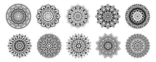 colección de adornos de mandala con diferentes formas, paquete de libros de colores de mandala, diseño de fondo de paquete de mandala en blanco y negro vector