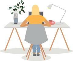 The girl is working on a laptop. Modern office interior. Freelance or study concept. A young girl manages the strategy of SMM processes. Workplace. Remote work at home vector