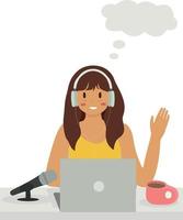 A girl at a table in headphones reads the news, speaks into a microphone, hosts an online show, music, radio. News broadcast, podcast vector