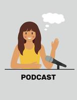 aplicación de podcast en el teléfono inteligente, el podcaster habla por micrófono o audiolibro. DJ de radio, blogs. una niña lee las noticias, habla en un micrófono un programa en línea vector