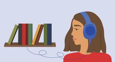 podcaster habla en micrófono o audiolibro. DJ de radio, blogs. una niña lee las noticias, habla en un micrófono en un programa en línea. vector