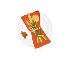 Traditional Christmas table setting. Gold cutlery on a white plate with a gold border, red napkin and spruce branches. Vector illustration isolated on white background