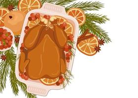 Christmas dishes. Roasted chicken or grilled turkey with cranberries, orange and rosemary isolated on white background. Christmas food concept. Vector illustration