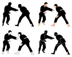 siluetas judoista, judoka, luchador en un duelo, lucha, deporte de judo, arte marcial, paquete de siluetas deportivas vector