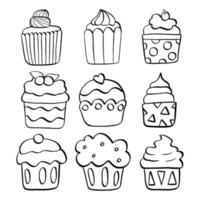 Black line set of nine cupcakes on white background. Hand drawn cartoon style. Doodle for coloring, decoration or any design. Vector illustration of kid art.