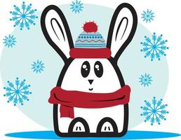 Cool cute bunny in winter hat and red scarf surrounded by snowflakes, in a cartoon style kawaii. Vector character bunny for kids. Symbol of the new year 2023