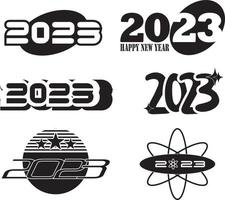 gran conjunto de 2023 feliz año nuevo. diseño de texto de logotipo. Plantilla de diseño de número 2023. símbolos de año nuevo y2k. vector