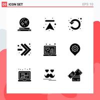 Modern Set of 9 Solid Glyphs Pictograph of laptop fast forward upload arrows rotate Editable Vector Design Elements