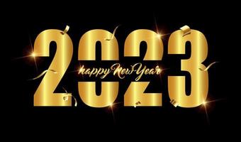 illustration vector graphic of Happy New Year 2023. Gold colored number with shining ribbon and star decoration