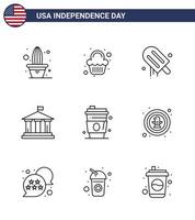 Editable Vector Line Pack of USA Day 9 Simple Lines of drink usa icecream american bank Editable USA Day Vector Design Elements