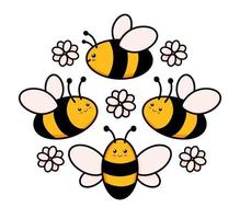 lindo conjunto de abejas en una ilustración de vector de marco redondo en estilo doodle. colorida colección de abejorros en un círculo, niños dibujando para el diseño de iconos y logotipos en colores amarillo y negro aislado