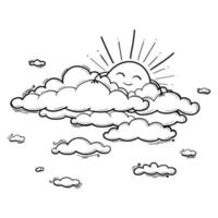 Sun and Cloud drawing in engraving outline style. Vector illustration isolated