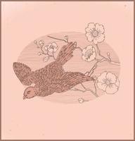 Vintage line drawing bird and flowers vector