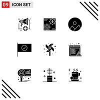 Pack of 9 Modern Solid Glyphs Signs and Symbols for Web Print Media such as toy flag making checked nature Editable Vector Design Elements