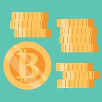 Icon, button, sticker with a stack of bitcoin coins and a separate bitcoin coin on a blue background vector