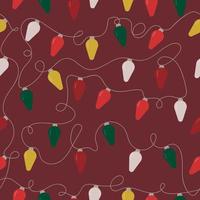 Christmas seamless pattern with garland with yellow, red, white, green, orange light bulbs on red background vector