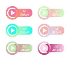 Set icons, stickers, buttons with text Live stream and play button in soft gradient colors vector