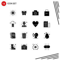 Pack of 16 Modern Solid Glyphs Signs and Symbols for Web Print Media such as carpenter user camera cloud security Editable Vector Design Elements