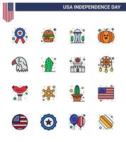 Paquete de 16 líneas llenas planas de EE. UU. De signos y símbolos del día de la independencia del festival de construcción de animales águila elementos de diseño vectorial del día de EE. UU. editables vector