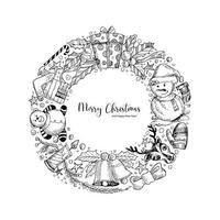 Hand draw circular christmas elements sketch holiday card background vector