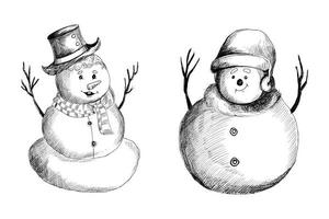 dibujar a mano muñecos de nieve de navidad sobre fondo blanco vector