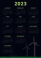 plantilla de diseño de calendario de pared de fuentes de energía alternativas para el año 2023. página única editable 12 meses en blanco. semana comienza el domingo. cartel personalizado de año completo listo para imprimir vector