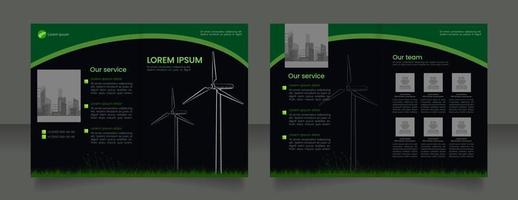 Eco friendly power generation bifold brochure template design. Wind energy station. Half fold booklet mockup set with copy space for text. Editable 2 paper page leaflets vector