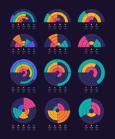 Accurate information performing circle infographic design templates set for dark theme. Editable pie charts with percentages. Visual data presentation collection vector