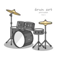 La batería es un instrumento de percusión. consta de un tambor y varios platillos, diseño vectorial y fondo aislado. vector